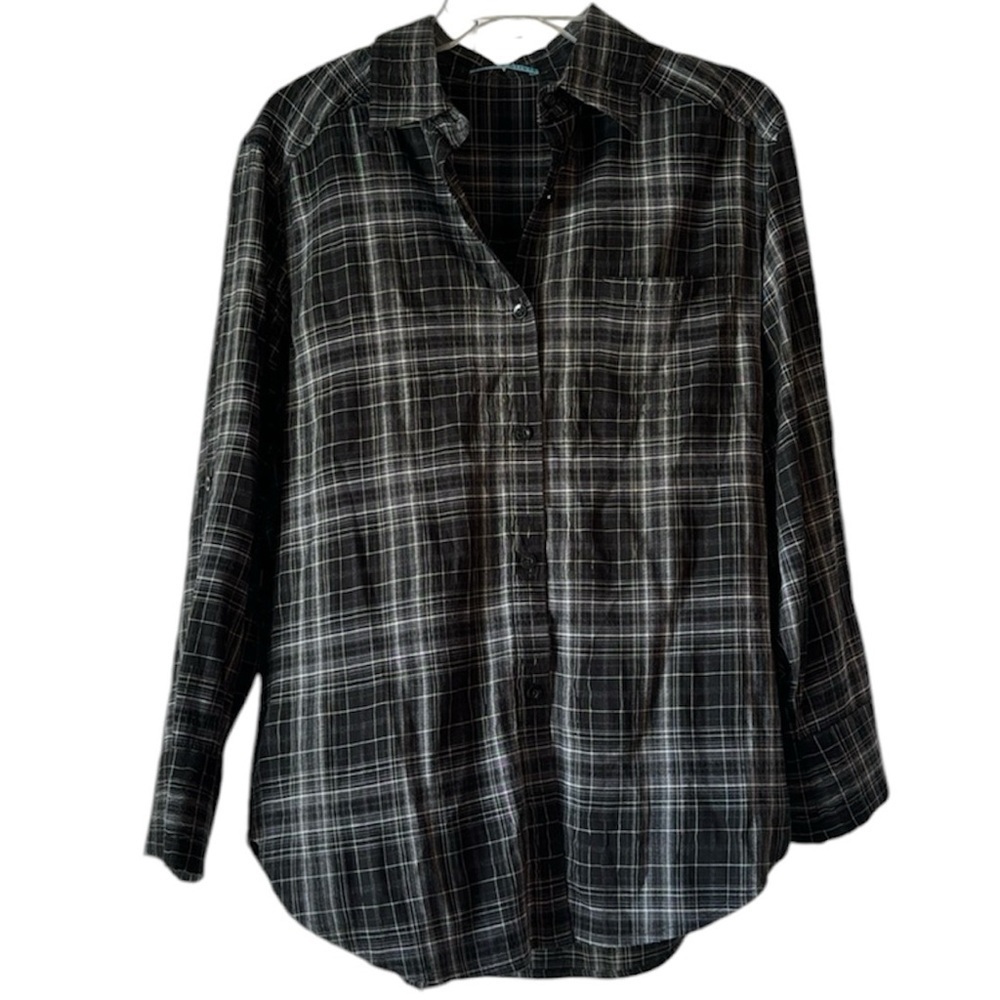 Alice + Olivia Piper Plaid Button-Down Shirt Black and White